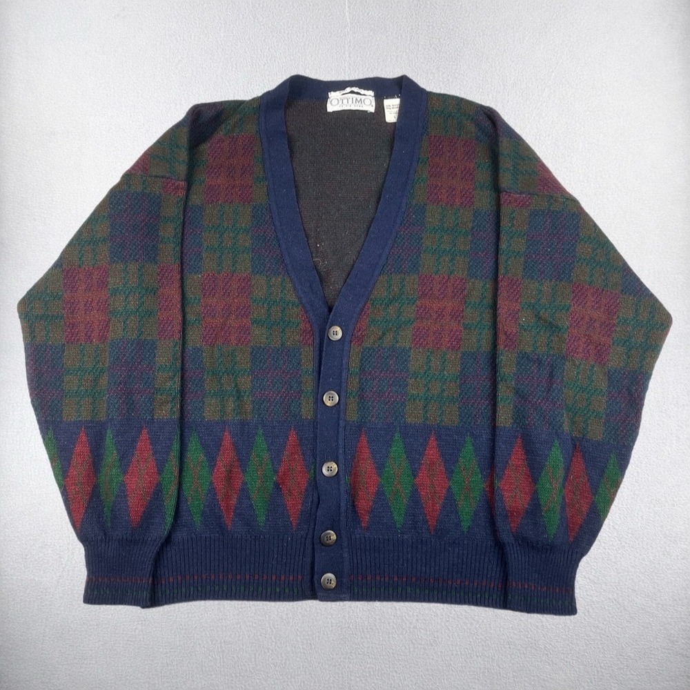Vintage Ottimo Cardigan Sweater Mens Large Blue Plaid Argyle Wool Blend Italy